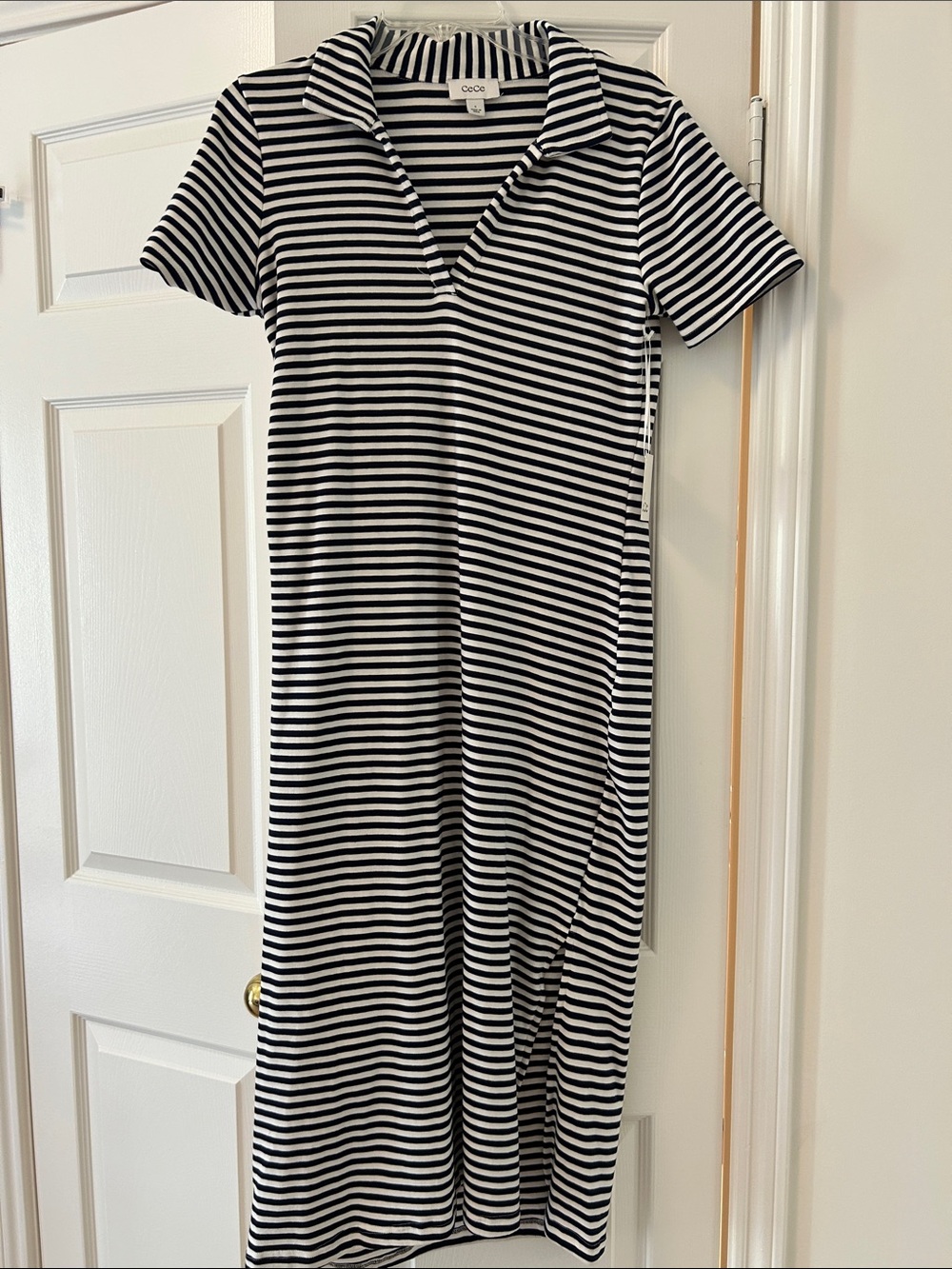 CeCe Navy and White Striped Polo midi Dress